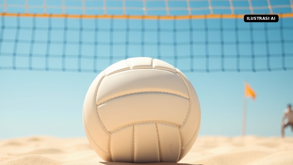 Ilustrasi AI bola voli di atas pasir di bawah net voli pantai