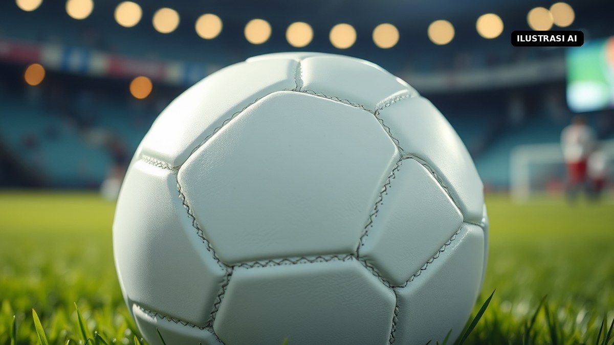 Ilustrasi AI bola putih di atas rumput stadion pada malam hari