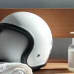 Jerawat Muncul karena Helm dan Keringat saat Cuaca Panas? Kenali Acne Mechanica dan 7 Cara Mencegahnya Ilustrasi AI helm motor putih, handuk dan botol sabun cuci muka di bangku kayu