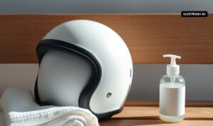 Ilustrasi AI helm motor putih, handuk dan botol sabun cuci muka di bangku kayu
