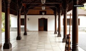 Ilustrasi AI serambi masjid tradisional Jawa dengan tiang kayu ukir