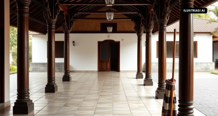 2.005 Marbot se-Klaten Terima Apresiasi Pemkab, Masjid Didorong Jadi Pusat Pemberdayaan Umat Ilustrasi AI serambi masjid tradisional Jawa dengan tiang kayu ukir