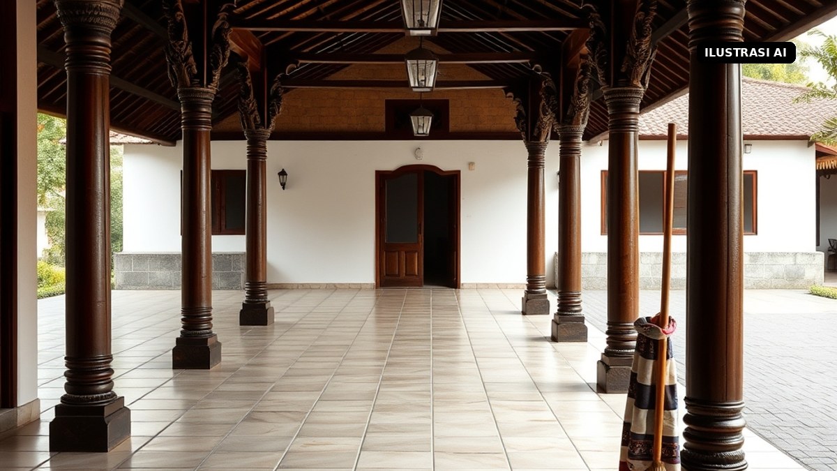 Ilustrasi AI serambi masjid tradisional Jawa dengan tiang kayu ukir