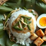 Ilustrasi AI nasi tumpang lethok dengan sayuran, telur rebus dan tahu goreng di atas daun pisang