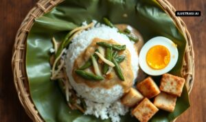 Ilustrasi AI nasi tumpang lethok dengan sayuran, telur rebus dan tahu goreng di atas daun pisang