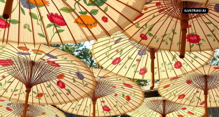 Payung Lukis Juwiring Klaten, dari Perlengkapan Upacara Keraton hingga Desa Wisata yang Berjuang Lestari Ilustrasi AI payung kertas lukis bermotif bunga dijemur di halaman desa
