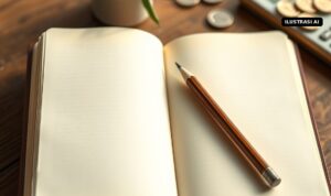 Ilustrasi AI buku catatan kosong dan pensil di meja kayu