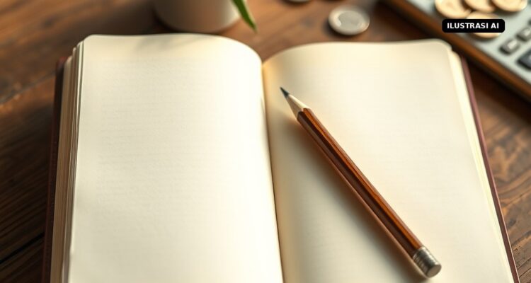 Ilustrasi AI buku catatan kosong dan pensil di meja kayu