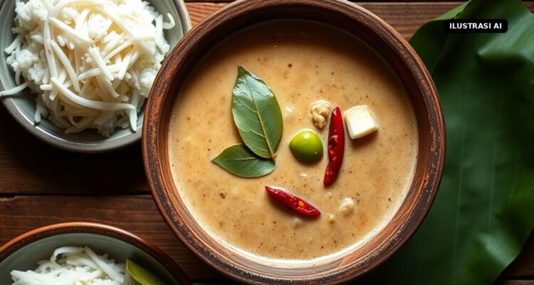 Resep Sambal Tumpang Khas Klaten dari Tempe Semangit, Gurih dan Kental untuk Nasi Tumpang Lethok Ilustrasi AI semangkuk sambal tumpang berkuah santan dengan daun salam dan cabai