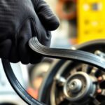 Jangan Tunggu Putus di Jalan, Ini 4 Tanda V-Belt Motor Matik Harus Diganti dan Jadwal Penggantiannya Ilustrasi AI mekanik memegang v-belt di dekat transmisi CVT motor matik