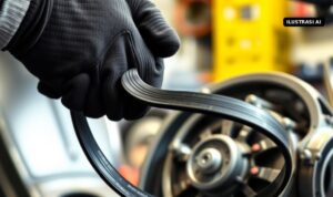 Ilustrasi AI mekanik memegang v-belt di dekat transmisi CVT motor matik