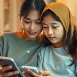 Ilustrasi AI ibu dan anak remaja melihat ponsel bersama di ruang keluarga